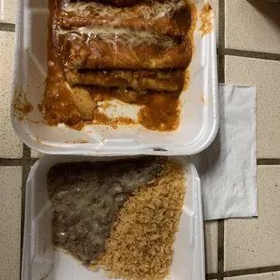 two enchillas and rice