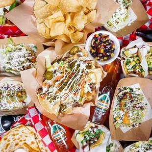 a variety of tacos and chips