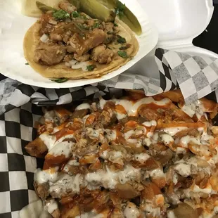 Buffalo chicken fries with chicken tacos..