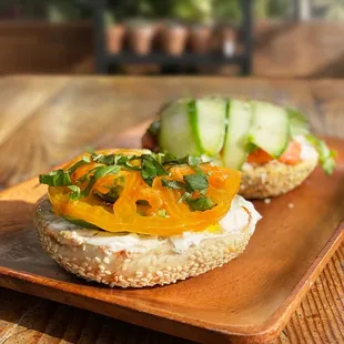 Customize an open-face breakfast bagel andy way you like
