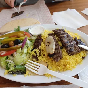 Lamb and beef kabob. Fried mushrooms. Absolutely delicious.