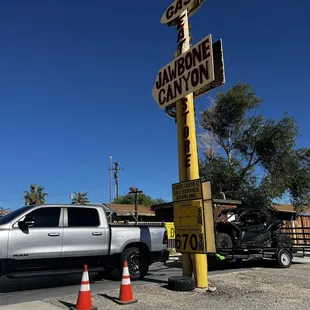a truck and a sign