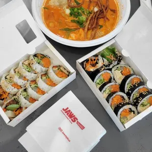 Rose tteok-bokki, tuna kimbap, tofu kimbap