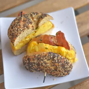 Soft Scrambled Eggs, Crispy Bacon and Cheddar on our Award Winning (Boiled &amp; Baked) Everything Bagel!  All made from scratch!
