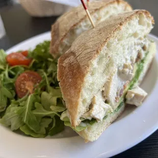 Chicken Avocado Bacon Sandwich on Ciabatta Roll with the side salad