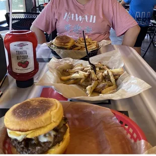 Jax Burger with Cheese Cajun Fries Garlic Parmesan Fries &amp;  Shroom Burger