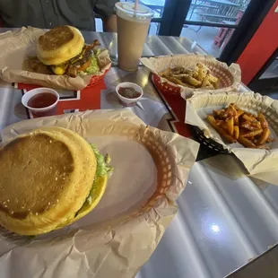 Baja burger classic Jax burger and Chocolate milkshake with garlic Parmesan fries and buffalo fries