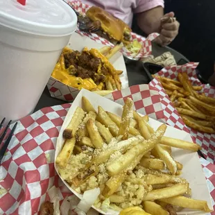 Baya burger, garlic parm fries, chili cheese fries