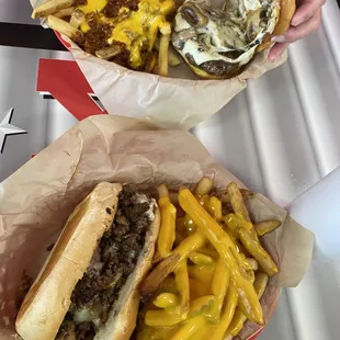 Texas Philly Cheesesteak Sandwich and Cheese Fries / Mushroom Shroom Burger 8oz Burger and Bacon Cheese Fries