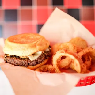 Our Shroom Burger with a side of Onion Rings