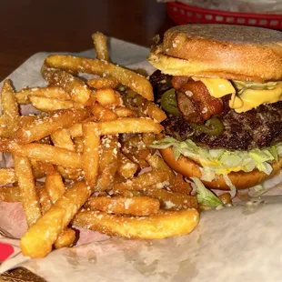 Baja Burger and Garlic Parmesan fries