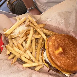 Mushroom Swiss burger with Parmesan fries