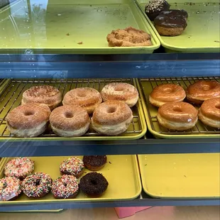 Old fashioned buttermilk, chocolate cake, sugar, glazed, and sprinkle donut