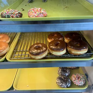 Chocolate &amp; strawberry sprinkle cake donut, chocolate glaze, and regular glaze