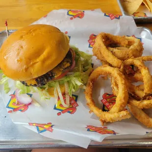 Jax Cheeseburger with cheddar, and onion rings