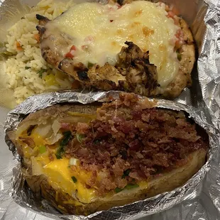 Grilled chicken with pico and Monterey Jack cheese, Side Baked Potato, Side of Rice Pilaf