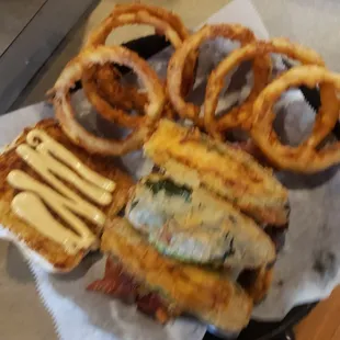 Diablo burger with onion rings