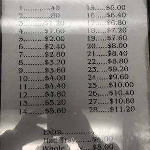 Extra toppings prices and prices per tray size