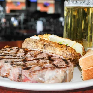 steak, bread, and beer
