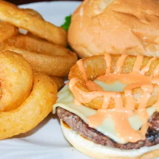 a burger and onion rings