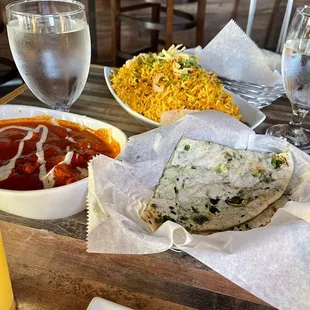 Chicken Biriyani, Chicken Tikka Masala, Bullet Naan, and Cheese Naan Chicken