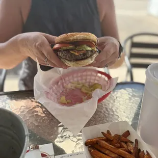 a hamburger and fries
