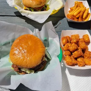 Our burgers and fries and tater tots.