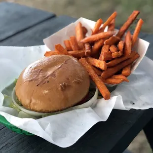Hamburger with all the fixings and sweet potato fries