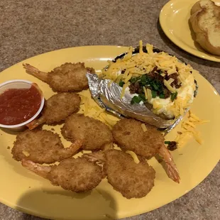 Fried crunchy shrimp! With HOT loaded baked potato! So good