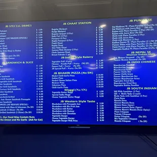 Menu, price may changes