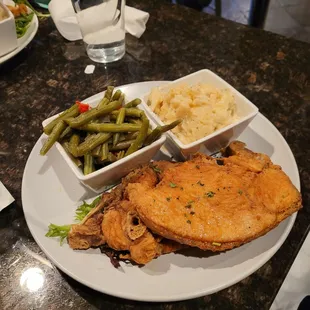 Turkey chops,  green beans, au gratin potatoes