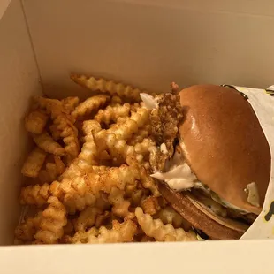 Chicken sandwich and spicy fries