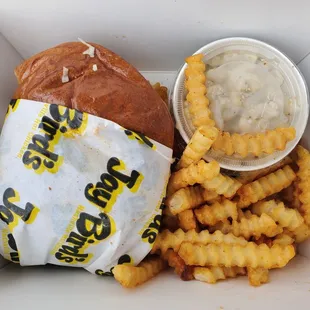 $13.85 Chicken sandwich - Extra Hot - spicy fries &amp; Max n Cheese