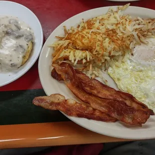 Breakfast sampler with biscuit and gravy.