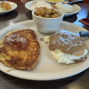 Pecan chicken mashed potatoes and okra