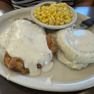 Chicken fried chicken mashed potatoes and corn
