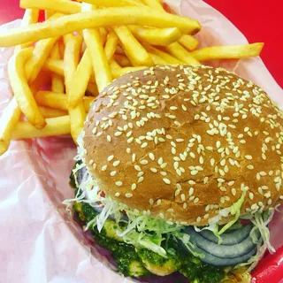 Chicken Pesto Burger with Fries