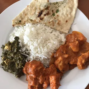 Palak paneer, Mango Chicken, Chicken Tikka Masala, garlic naan, and chili naan