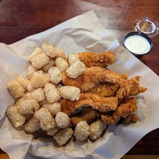 Spicy tenders and tots with blue cheese.