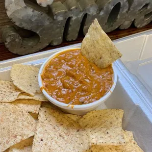 Chorizo Queso. $5 comes with nacho chips and 8oz cup of queso!