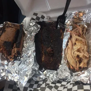 3 meat combo. Brisket, ribs and pulled pork. Huge portions.
