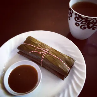 Fresh suman (sticky rice dessert) &amp; sauce with my Earl Grey tea.