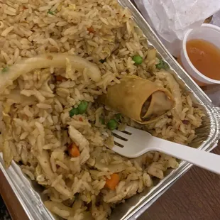 Chicken fried rice n egg rolls