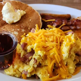 Sunday Special: Ham &amp; Cheese Scramble, hash browns, two each - bacon &amp; sausage, short stack pancakes (7/23/23)