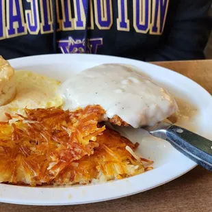 Chicken Fried Steak w/overeasy eggs, hash browns &amp; biscuit (7/23/23)