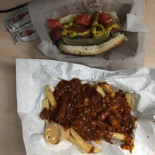 Polish sausage Chicago style and chili fries. Yummy!