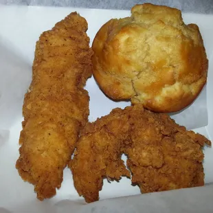 Two chicken tenders and a *wonderful* biscuit