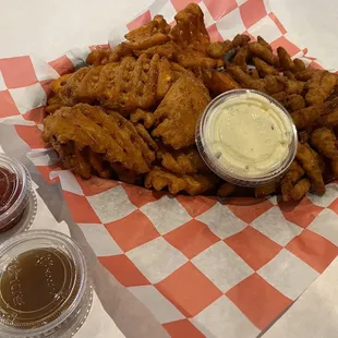 Clam strips and sweet potato waffle fries