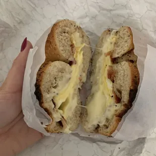Bacon egg and cheese on an everything bagel