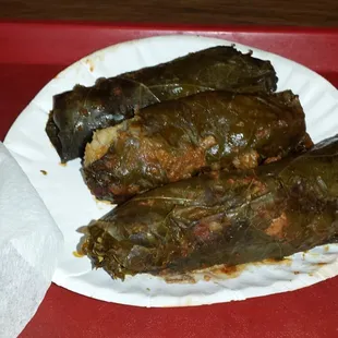 Stuffed grape leaves. Much bigger than I expected them to be.